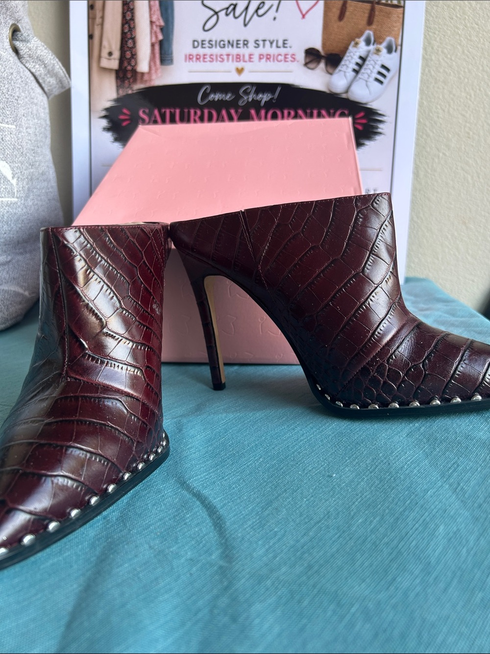 ALDO Burgundy Croc-Embossed Pointed Toe Studded Mules - Picture 2 of 3